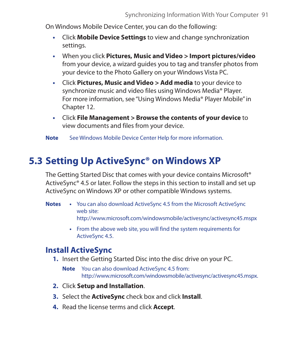 3 setting up activesync® on windows xp, Install activesync | ArcSoft Wing HERA110 User Manual | Page 91 / 258