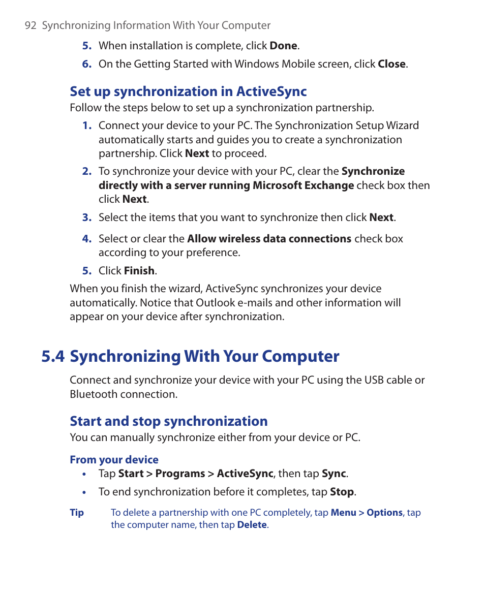 4 synchronizing with your computer, Set up synchronization in activesync, Start and stop synchronization | ArcSoft Wing HERA110 User Manual | Page 92 / 258