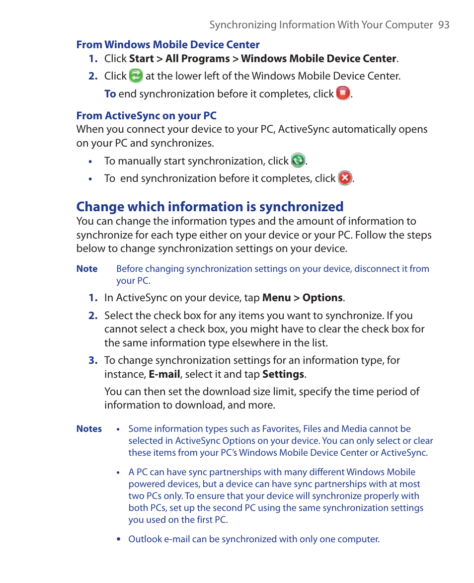 Change which information is synchronized | ArcSoft Wing HERA110 User Manual | Page 93 / 258