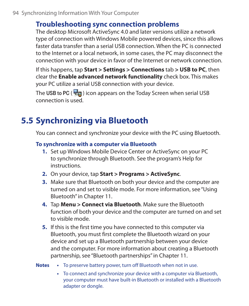 5 synchronizing via bluetooth, Troubleshooting sync connection problems | ArcSoft Wing HERA110 User Manual | Page 94 / 258