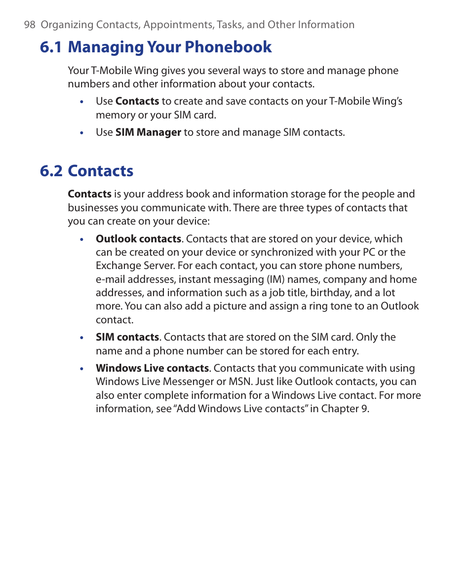 1 managing your phonebook, 2 contacts | ArcSoft Wing HERA110 User Manual | Page 98 / 258