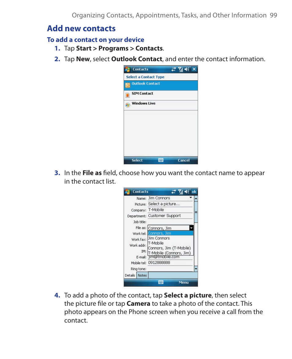 Add new contacts | ArcSoft Wing HERA110 User Manual | Page 99 / 258
