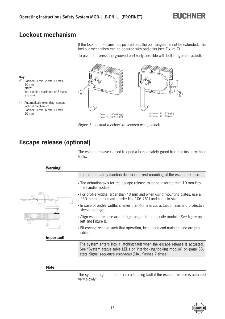 Lockout mechanism, Escape release (optional) | EUCHNER MGB-LxxB-PNx-xxx (PROFINET) with Data Structure Type B User Manual | Page 15 / 44