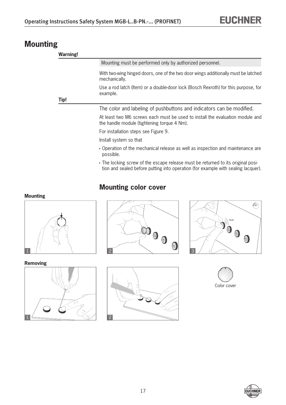 Mounting, Mounting color cover, Mounting 17 | EUCHNER MGB-LxxB-PNx-xxx (PROFINET) with Data Structure Type B User Manual | Page 17 / 44