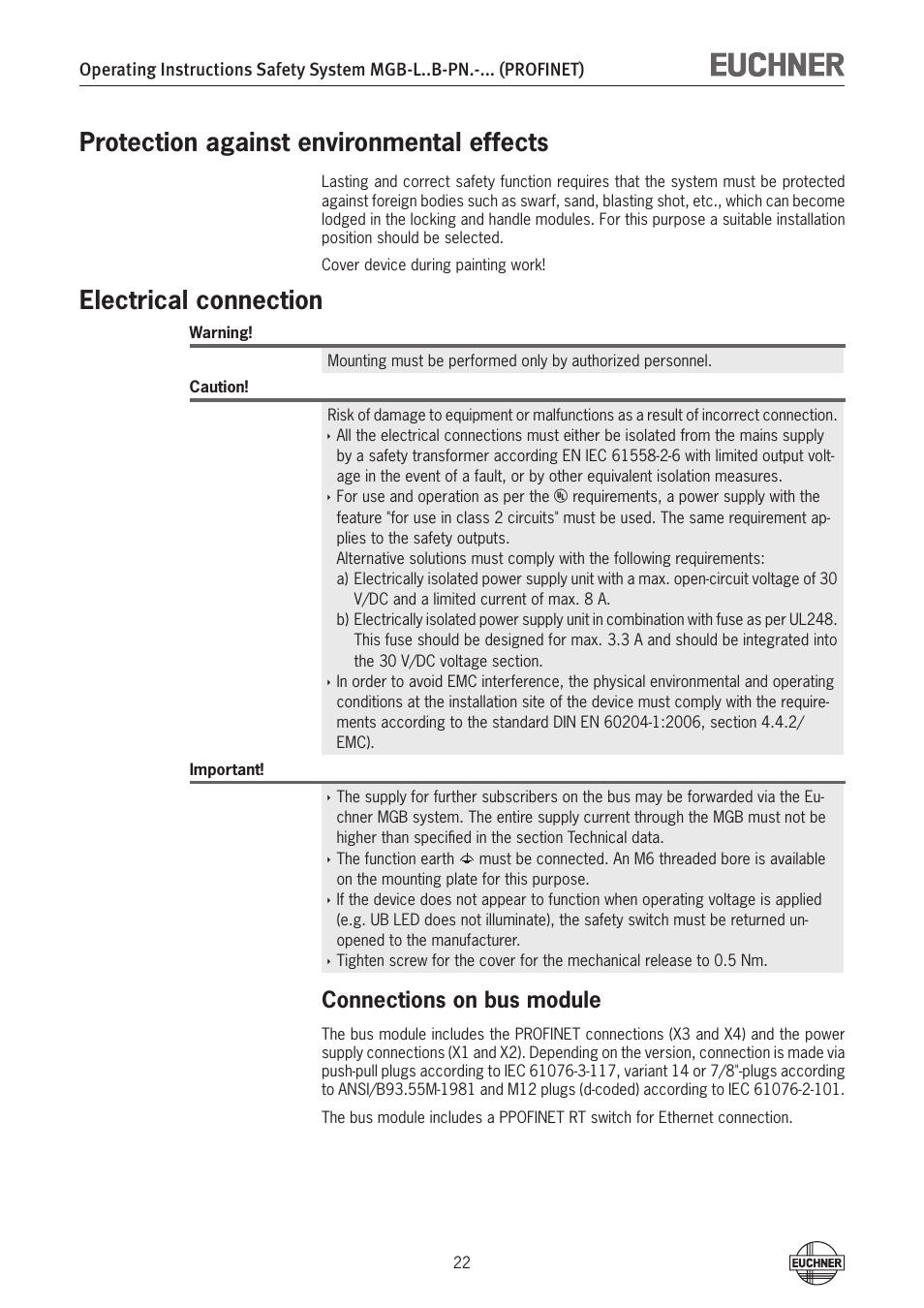 Protection against environmental effects, Electrical connection, Connections on bus module | EUCHNER MGB-LxxB-PNx-xxx (PROFINET) with Data Structure Type B User Manual | Page 22 / 44