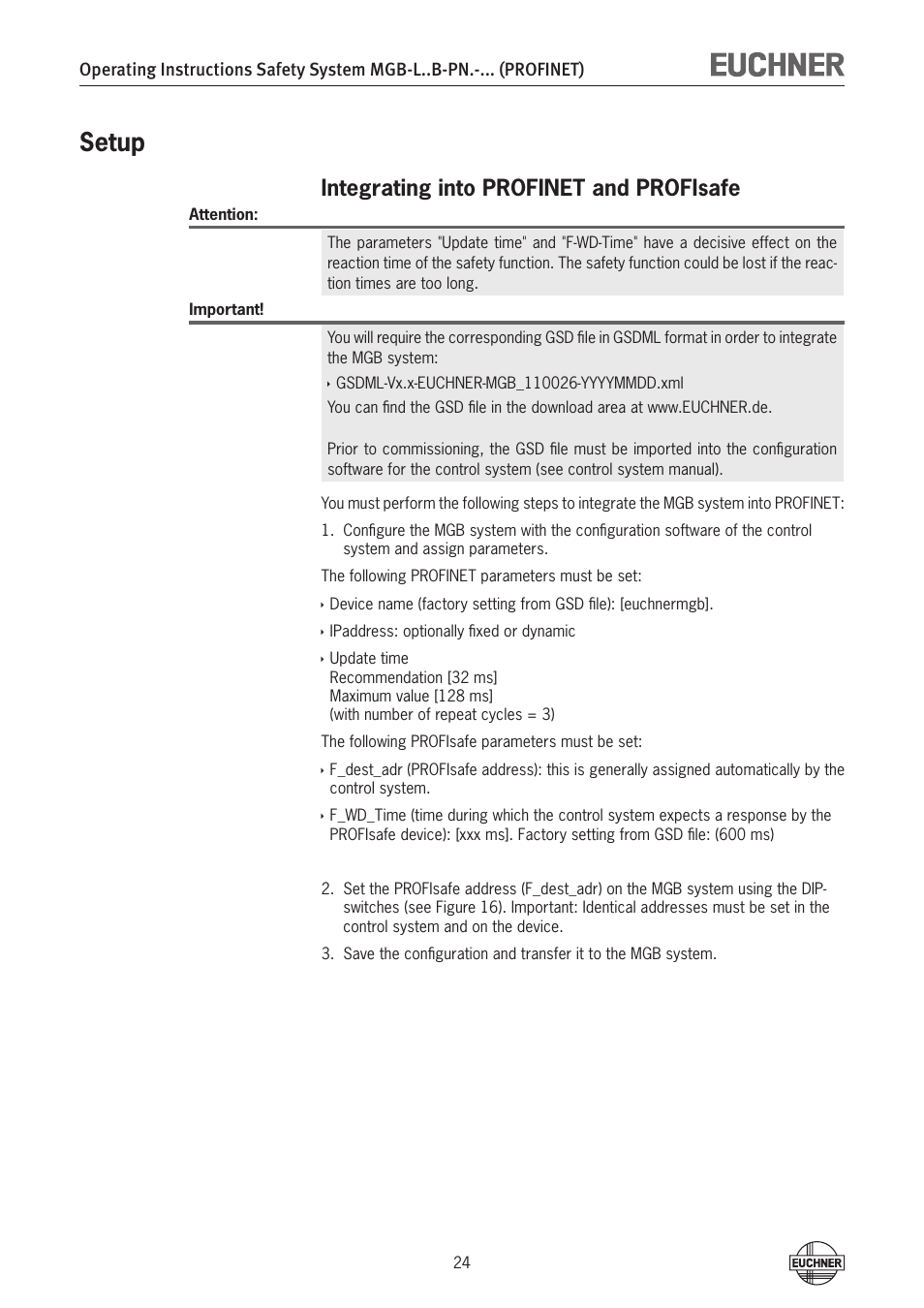 Setup, Integrating into profinet and profisafe, Setup 24 | EUCHNER MGB-LxxB-PNx-xxx (PROFINET) with Data Structure Type B User Manual | Page 24 / 44
