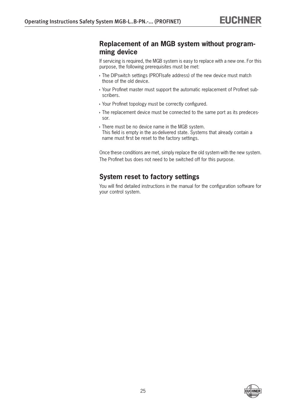 System reset to factory settings | EUCHNER MGB-LxxB-PNx-xxx (PROFINET) with Data Structure Type B User Manual | Page 25 / 44