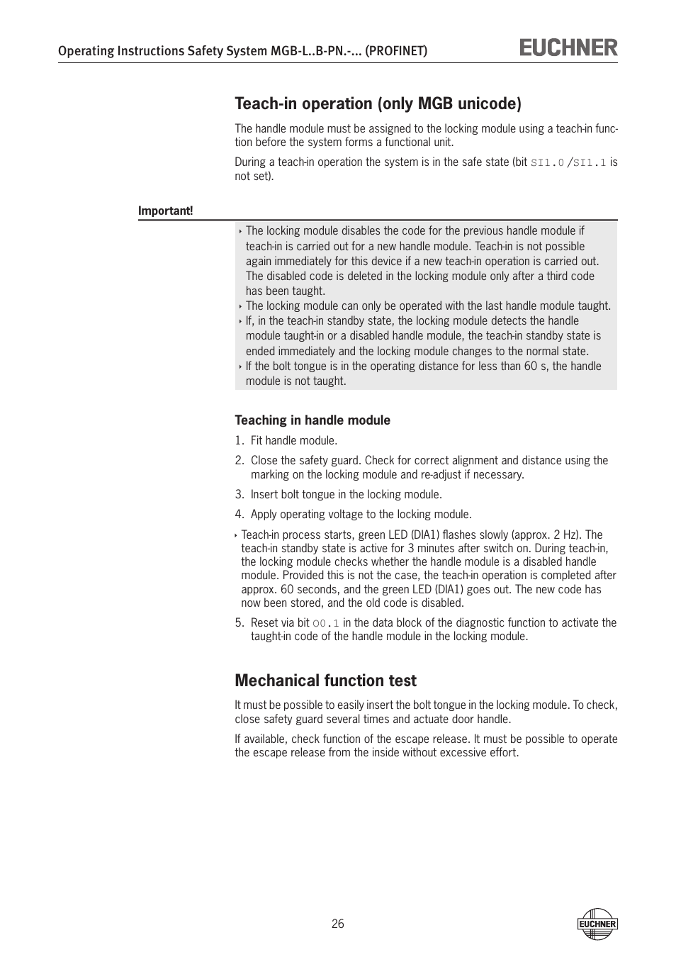 Teach-in operation (only mgb unicode), Mechanical function test | EUCHNER MGB-LxxB-PNx-xxx (PROFINET) with Data Structure Type B User Manual | Page 26 / 44