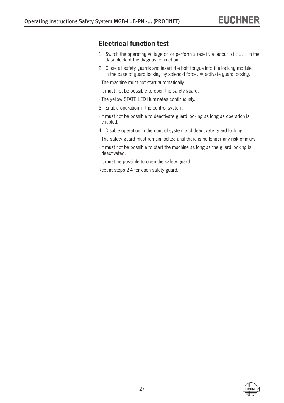 Electrical function test | EUCHNER MGB-LxxB-PNx-xxx (PROFINET) with Data Structure Type B User Manual | Page 27 / 44