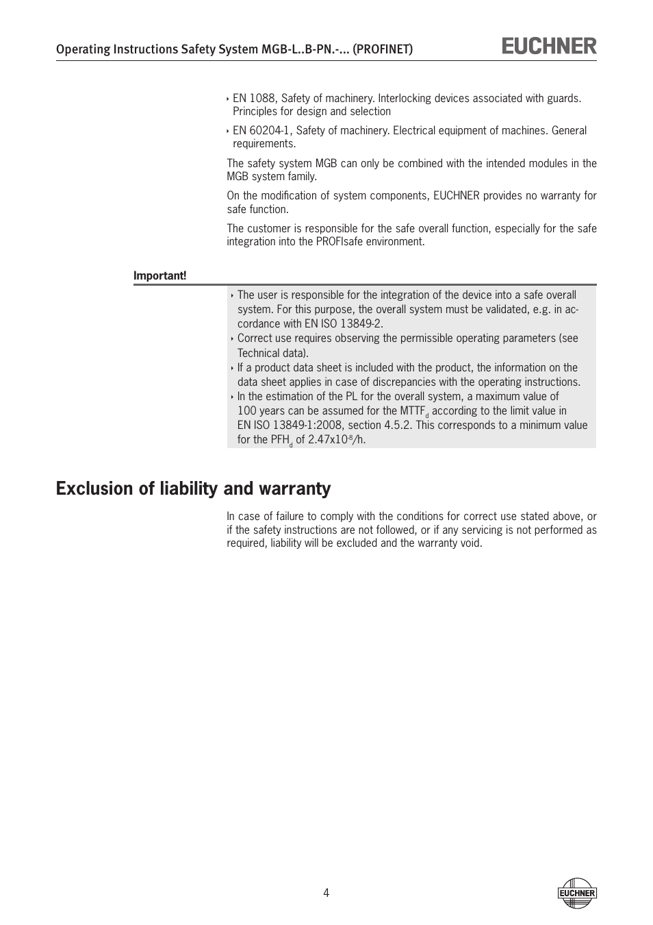 Exclusion of liability and warranty | EUCHNER MGB-LxxB-PNx-xxx (PROFINET) with Data Structure Type B User Manual | Page 4 / 44