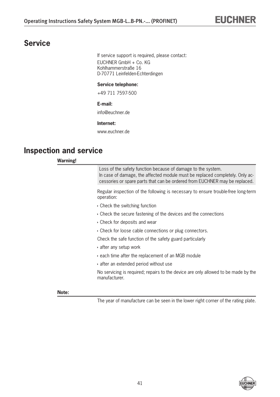 Service, Inspection and service, Service 41 inspection and service | EUCHNER MGB-LxxB-PNx-xxx (PROFINET) with Data Structure Type B User Manual | Page 41 / 44