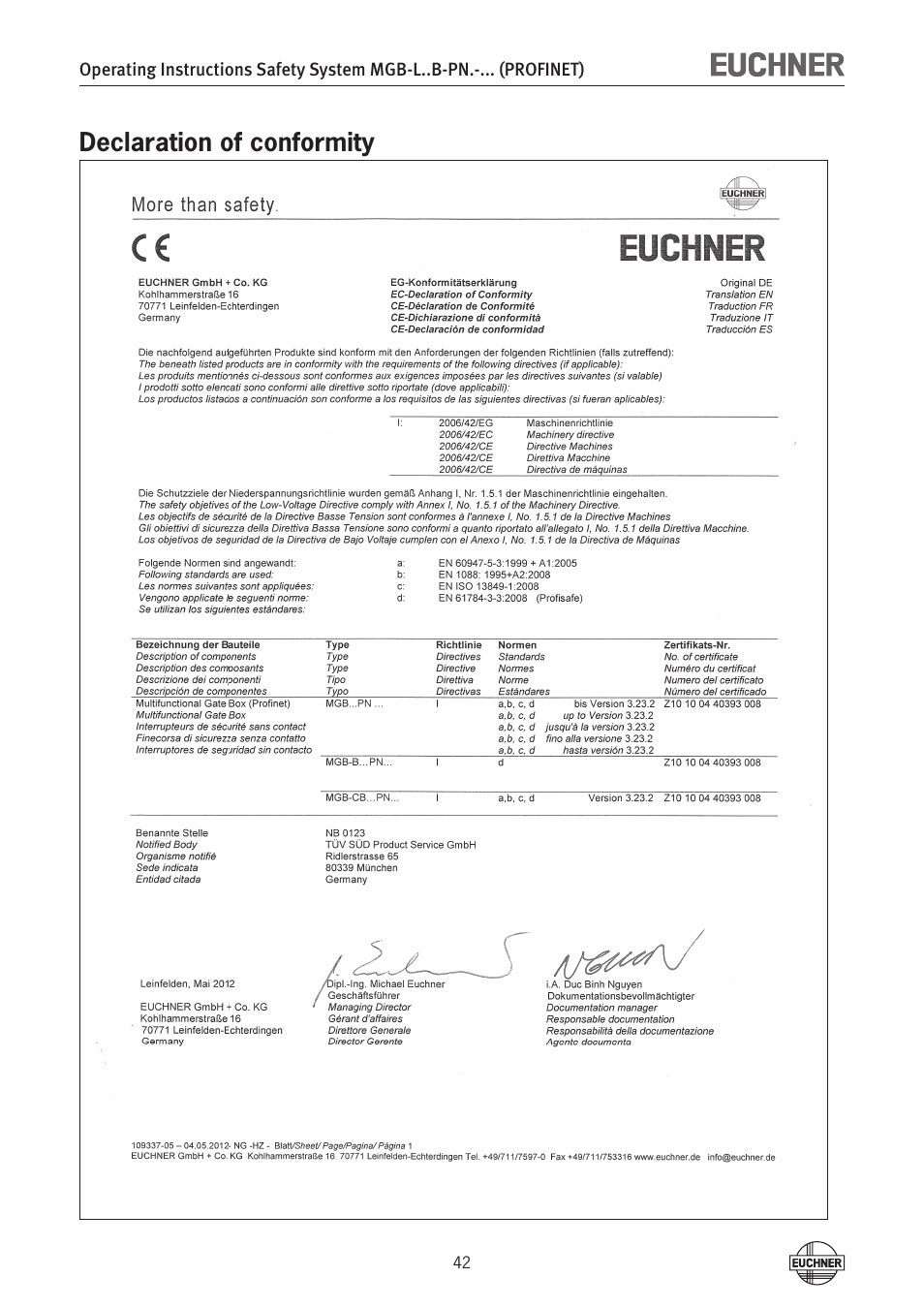 Declaration of conformity | EUCHNER MGB-LxxB-PNx-xxx (PROFINET) with Data Structure Type B User Manual | Page 42 / 44