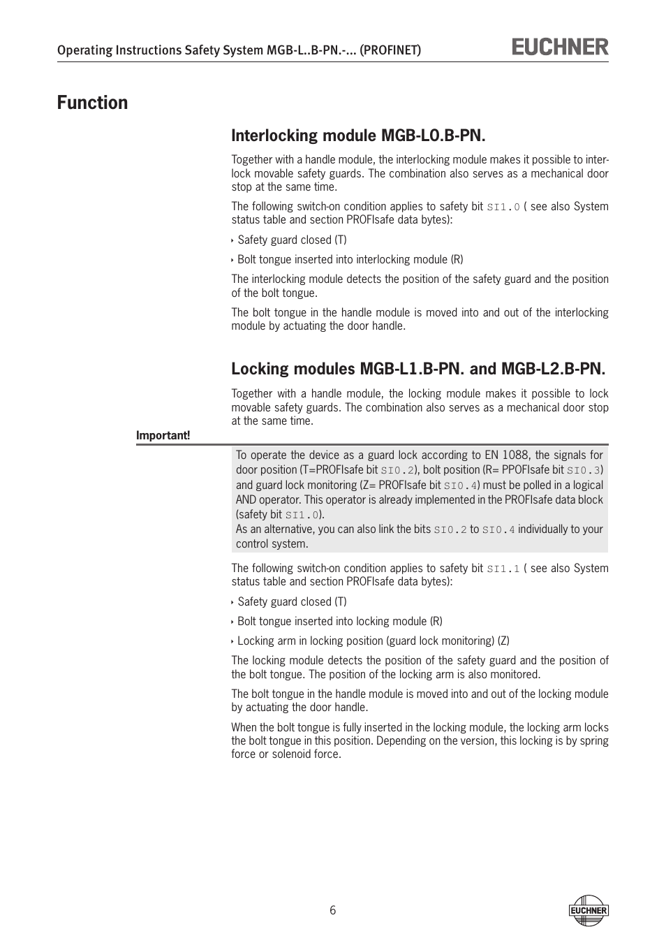 Function, Interlocking module mgb-l0.b-pn, Locking modules mgb-l1.b-pn. and mgb-l2.b-pn | Function 6 | EUCHNER MGB-LxxB-PNx-xxx (PROFINET) with Data Structure Type B User Manual | Page 6 / 44