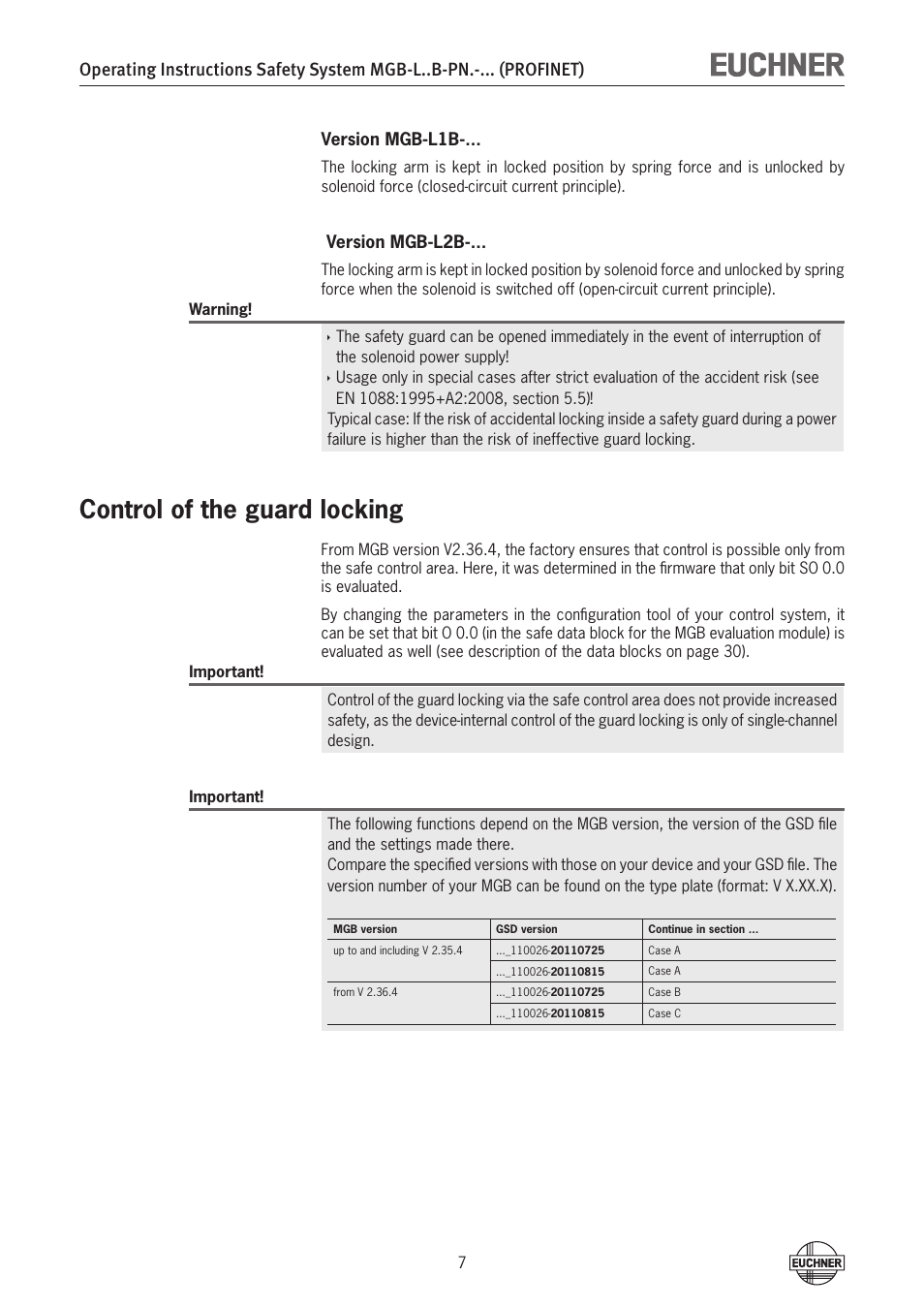 Control of the guard locking | EUCHNER MGB-LxxB-PNx-xxx (PROFINET) with Data Structure Type B User Manual | Page 7 / 44
