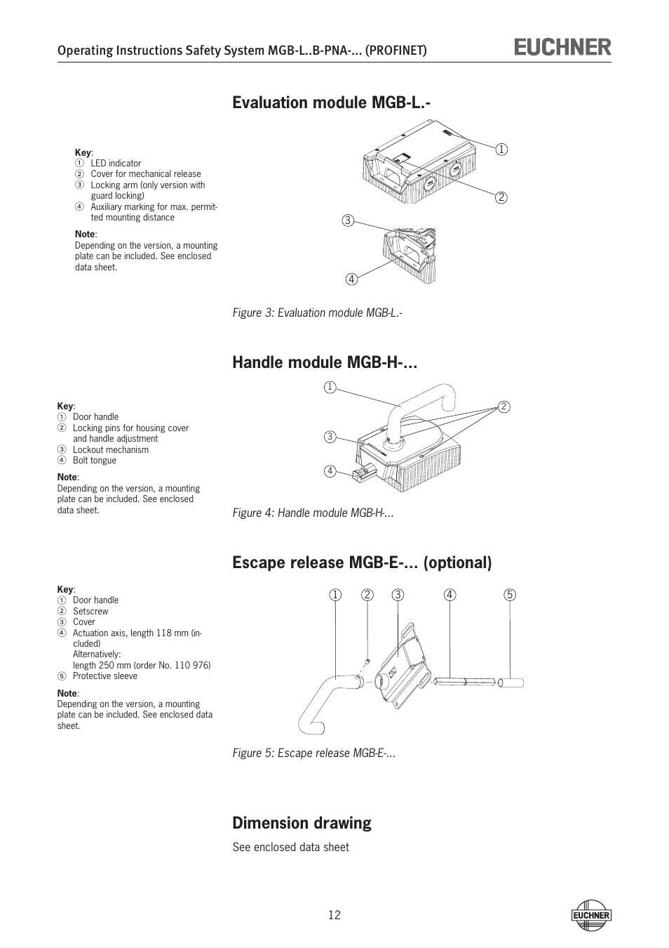 Evaluation module mgb-l, Handle module mgb-h, Escape release mgb-e-... (optional) | Dimension drawing | EUCHNER MGB-LxxB-PNA-xxx (PROFINET) with Data Structure Type A User Manual | Page 12 / 36