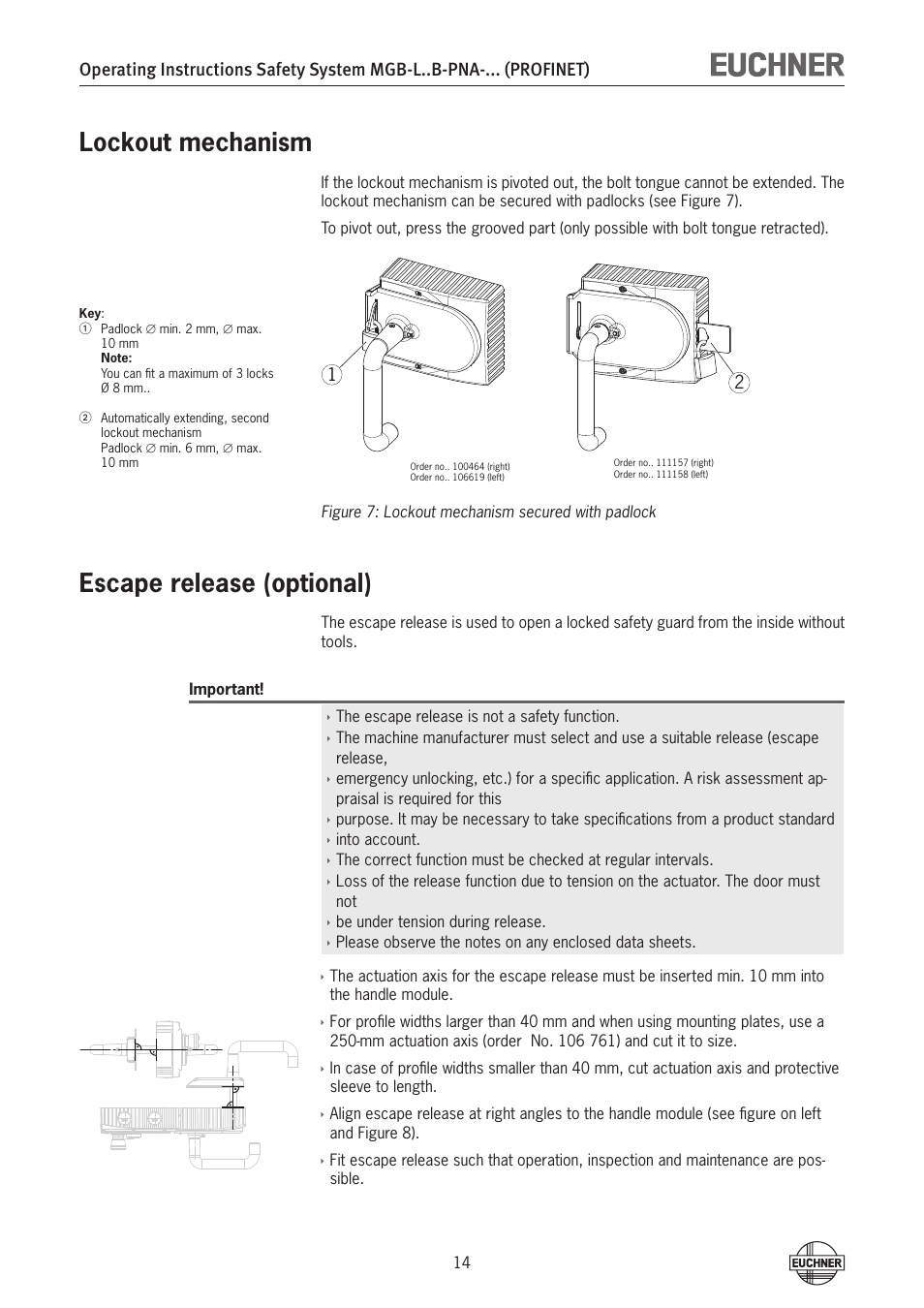 Lockout mechanism, Escape release (optional) | EUCHNER MGB-LxxB-PNA-xxx (PROFINET) with Data Structure Type A User Manual | Page 14 / 36