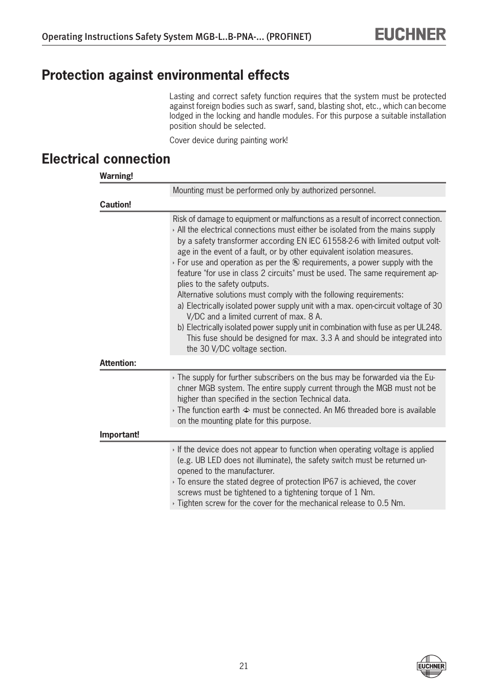 Protection against environmental effects, Electrical connection | EUCHNER MGB-LxxB-PNA-xxx (PROFINET) with Data Structure Type A User Manual | Page 21 / 36