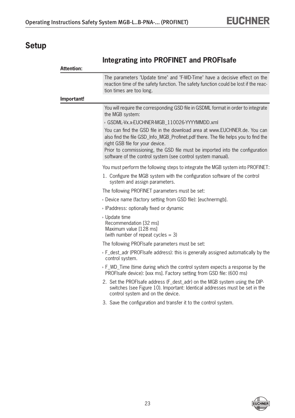 Setup, Integrating into profinet and profisafe, Setup 23 | EUCHNER MGB-LxxB-PNA-xxx (PROFINET) with Data Structure Type A User Manual | Page 23 / 36