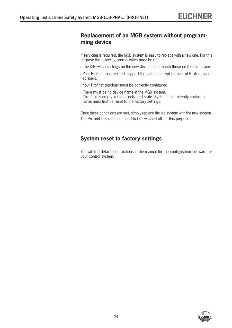 System reset to factory settings | EUCHNER MGB-LxxB-PNA-xxx (PROFINET) with Data Structure Type A User Manual | Page 24 / 36