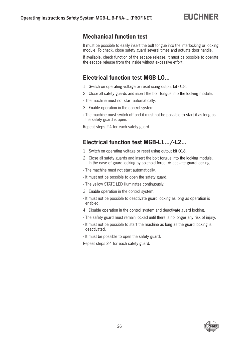 Mechanical function test, Electrical function test mgb-l0, Electrical function test mgb-l1.../-l2 | EUCHNER MGB-LxxB-PNA-xxx (PROFINET) with Data Structure Type A User Manual | Page 26 / 36