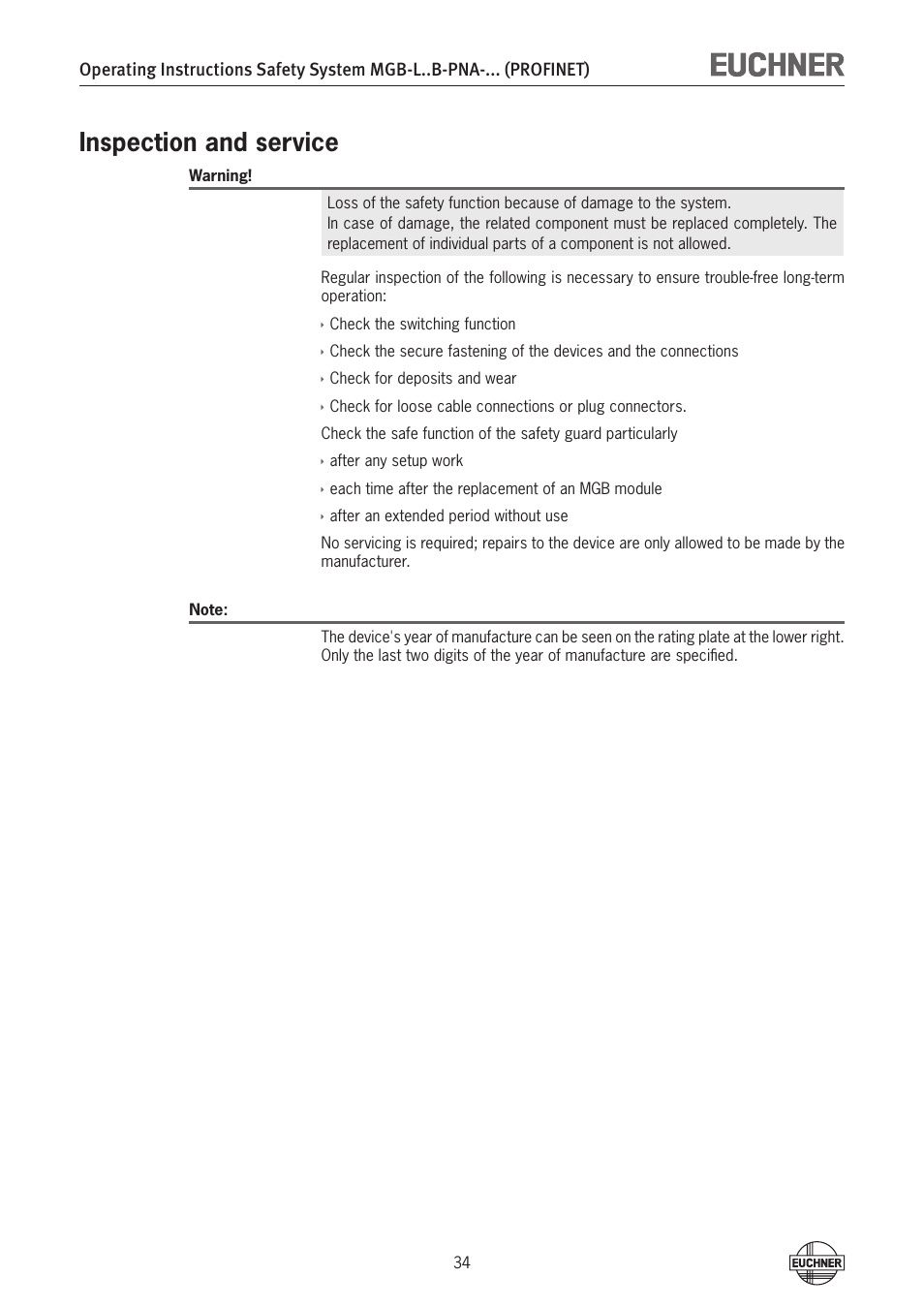 Inspection and service | EUCHNER MGB-LxxB-PNA-xxx (PROFINET) with Data Structure Type A User Manual | Page 34 / 36