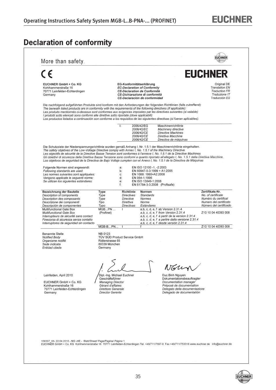 Declaration of conformity | EUCHNER MGB-LxxB-PNA-xxx (PROFINET) with Data Structure Type A User Manual | Page 35 / 36