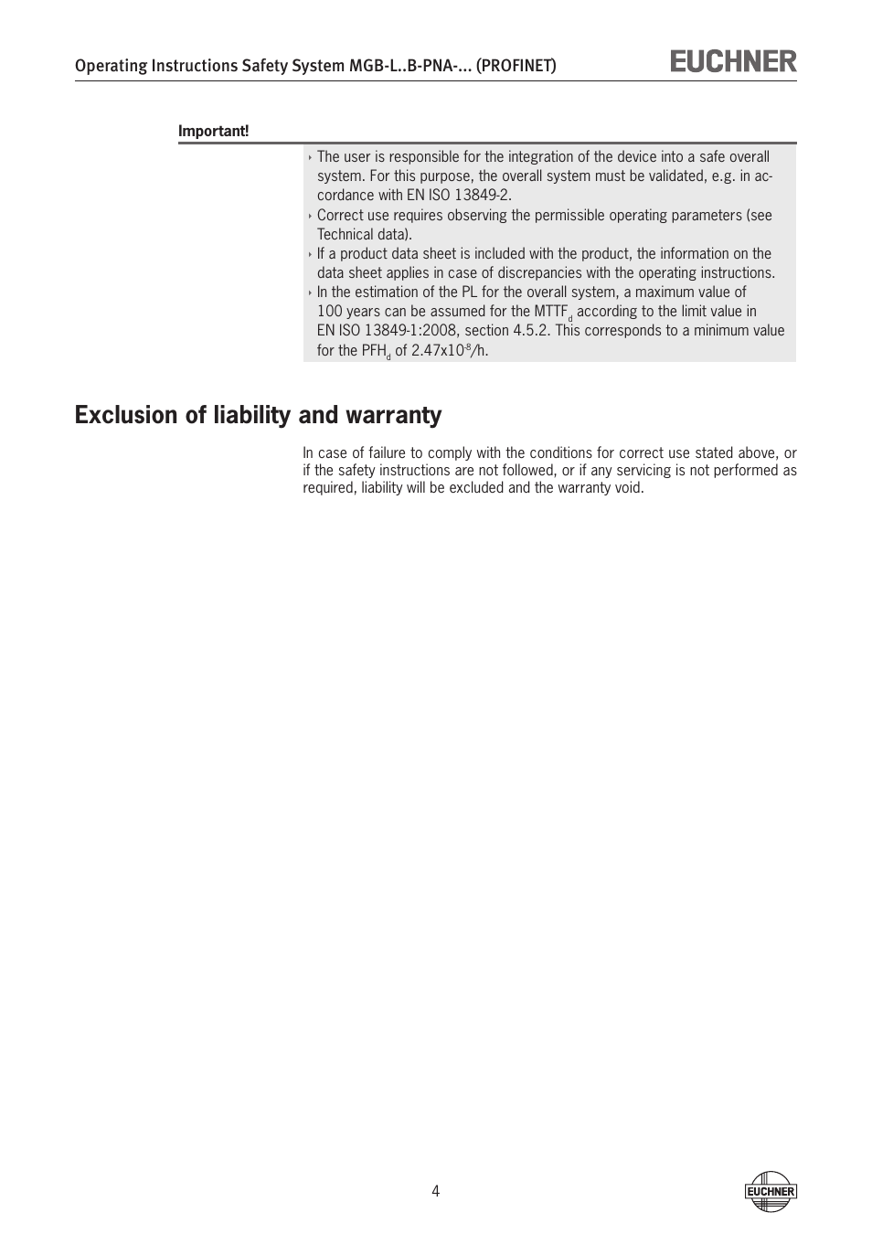 Exclusion of liability and warranty | EUCHNER MGB-LxxB-PNA-xxx (PROFINET) with Data Structure Type A User Manual | Page 4 / 36