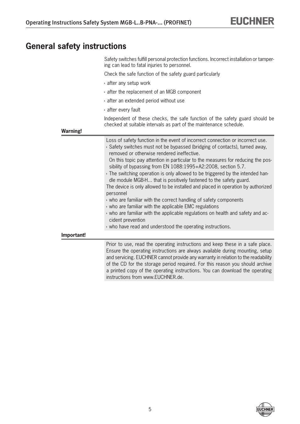 General safety instructions | EUCHNER MGB-LxxB-PNA-xxx (PROFINET) with Data Structure Type A User Manual | Page 5 / 36