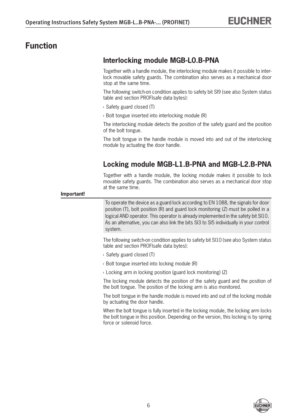 Function, Interlocking module mgb-l0.b-pna, Locking module mgb-l1.b-pna and mgb-l2.b-pna | Function 6 | EUCHNER MGB-LxxB-PNA-xxx (PROFINET) with Data Structure Type A User Manual | Page 6 / 36