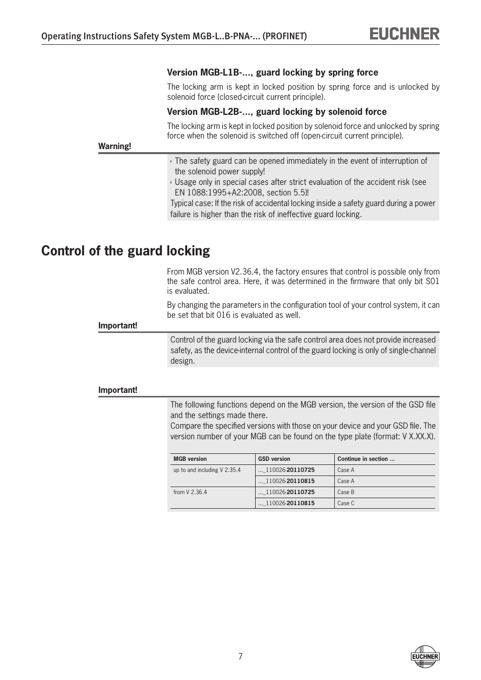 Control of the guard locking | EUCHNER MGB-LxxB-PNA-xxx (PROFINET) with Data Structure Type A User Manual | Page 7 / 36