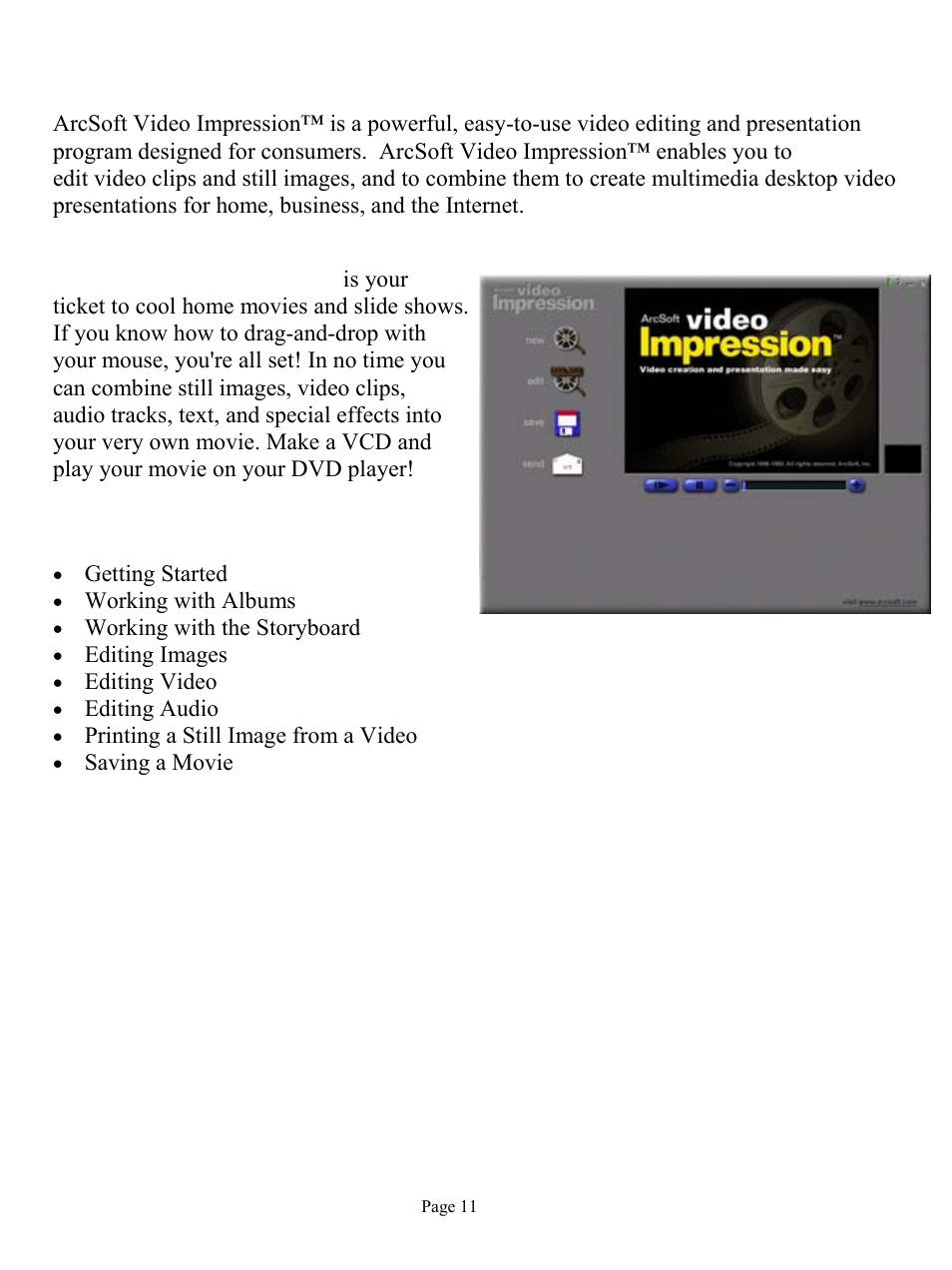 Video impression, Working with video impression | ArcSoft HO98068 User Manual | Page 11 / 16