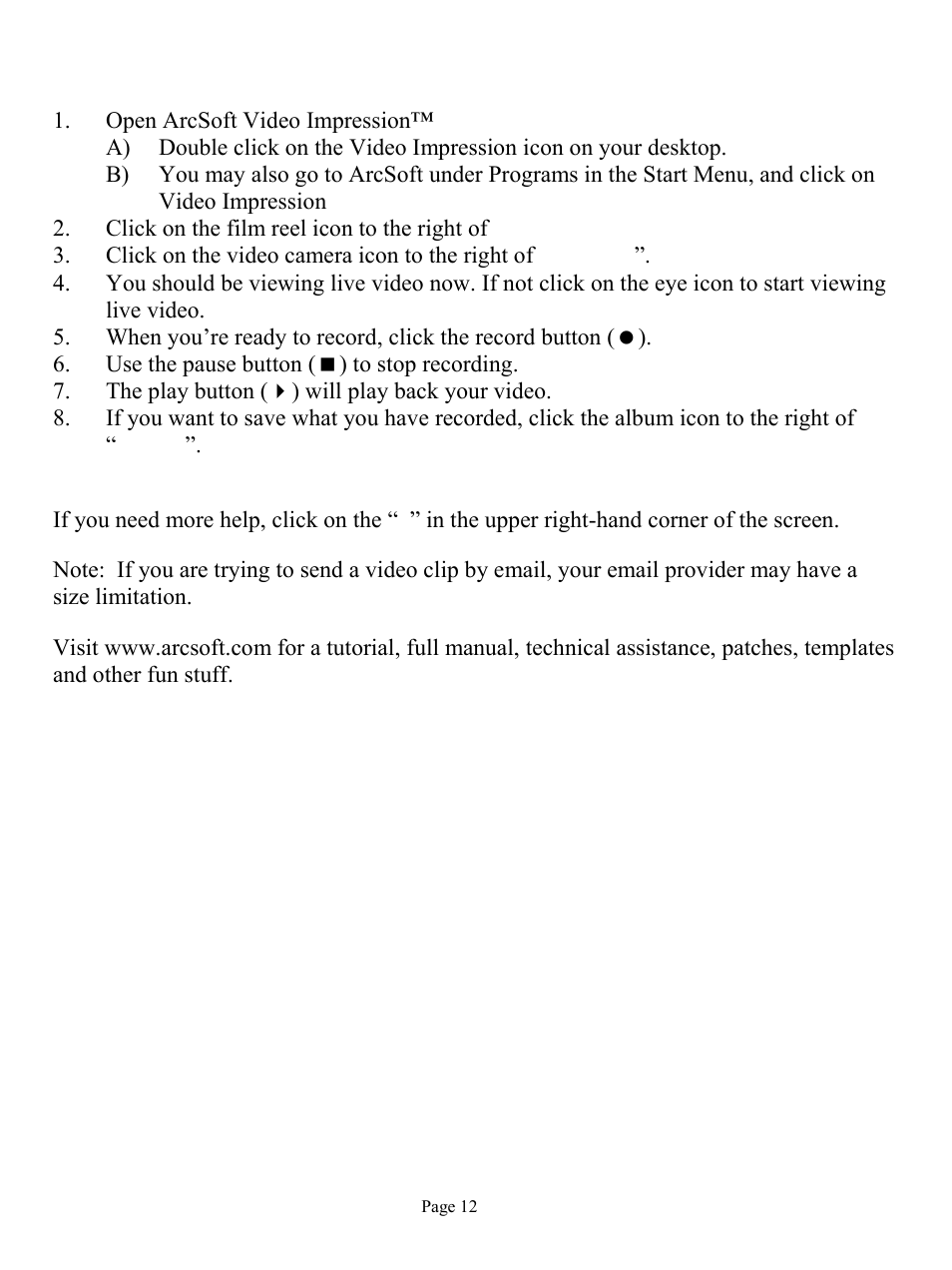 Arcsoft video impression™ - getting started | ArcSoft HO98068 User Manual | Page 12 / 16