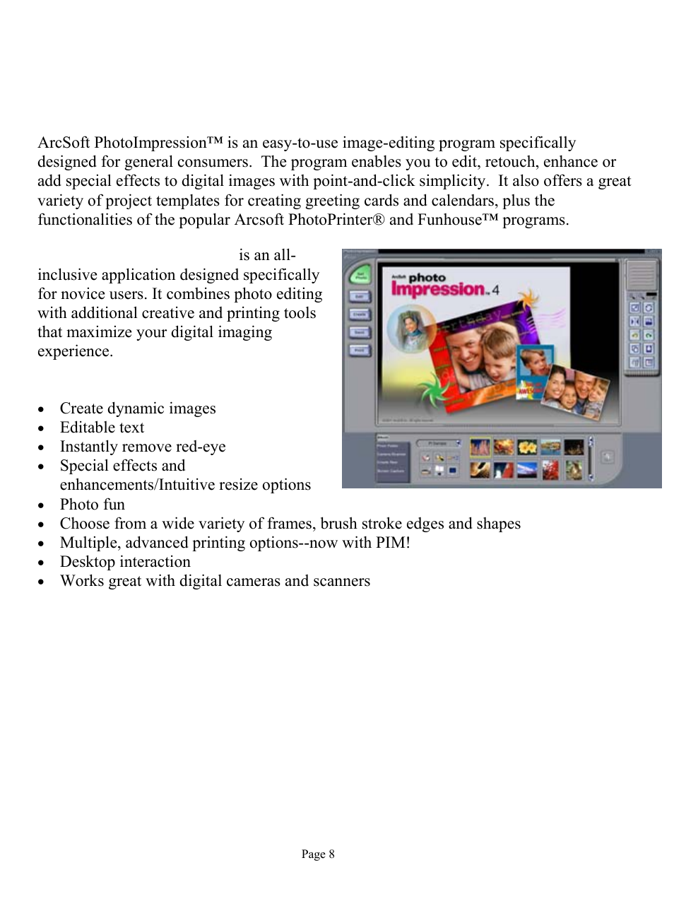 Photoimpressions, Welcome to photoimpressions, Features include | ArcSoft HO98068 User Manual | Page 8 / 16