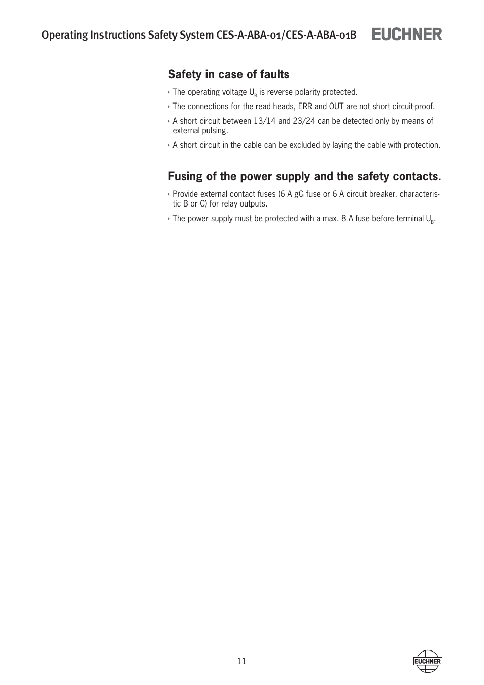 Safety in case of faults, Fusing of the power supply and the safety contacts | EUCHNER CES-A-ABA-01B (Unicode) User Manual | Page 11 / 42