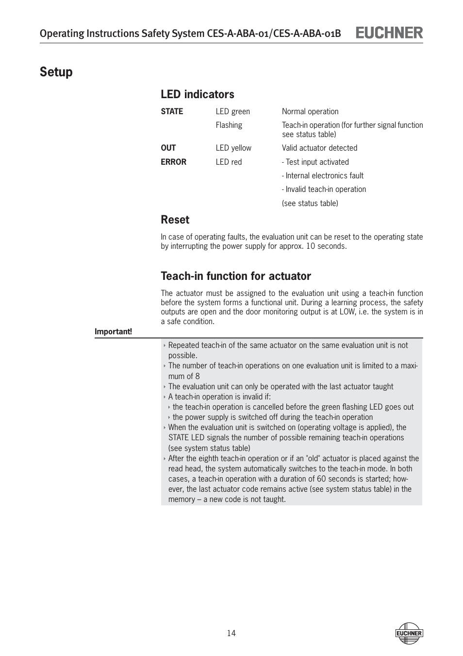 Setup, Led indicators, Reset | Teach-in function for actuator | EUCHNER CES-A-ABA-01B (Unicode) User Manual | Page 14 / 42
