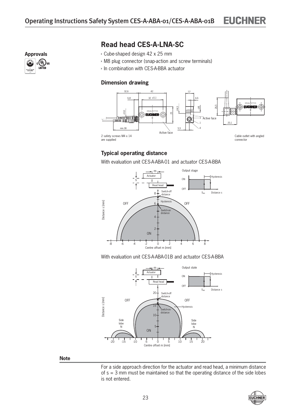 Read head ces-a-lna-sc, Dimension drawing typical operating distance, Cube-shaped design 42 x 25 mm | EUCHNER CES-A-ABA-01B (Unicode) User Manual | Page 23 / 42