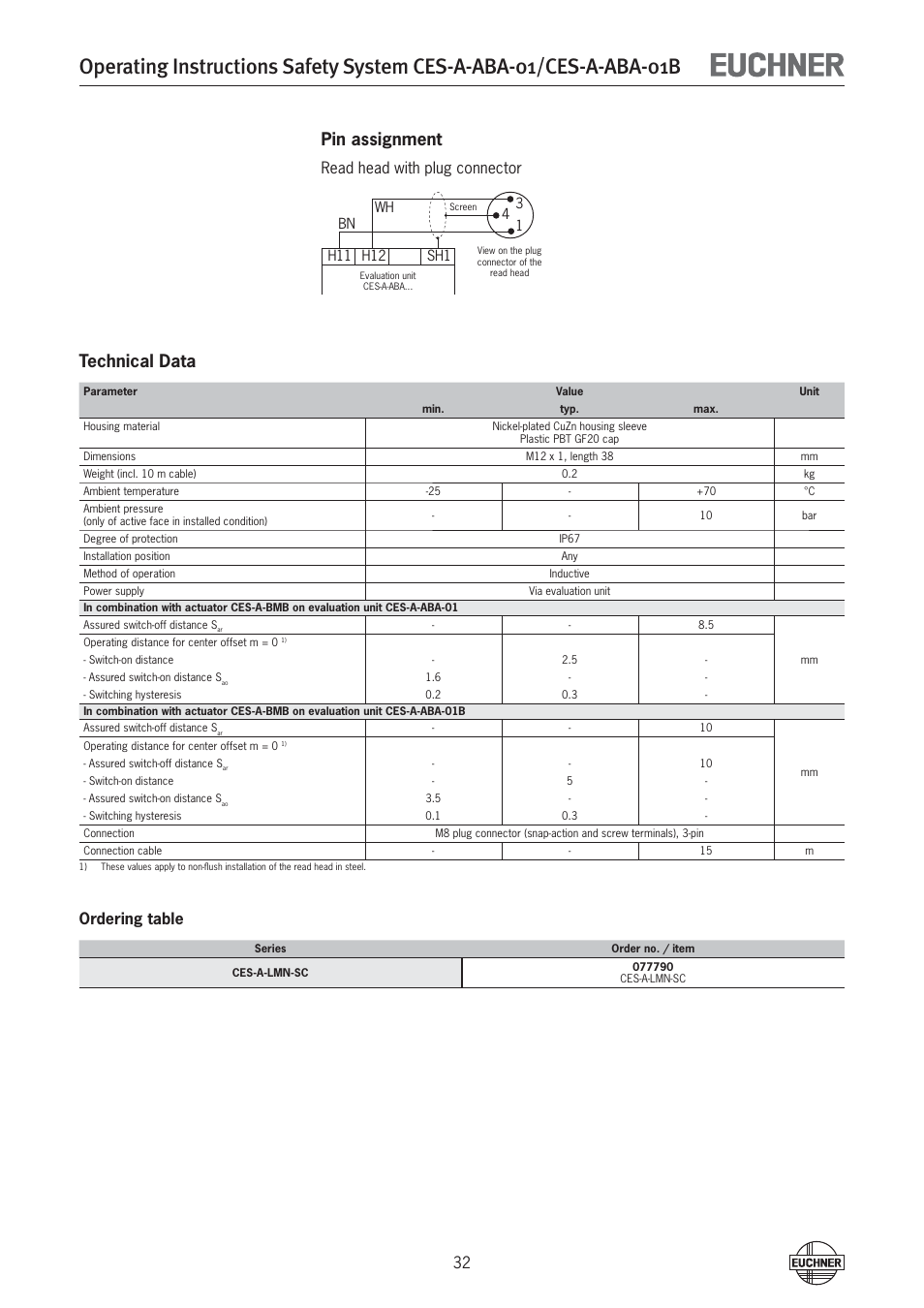 Pin assignment, Technical data, Read head with plug connector | Ordering table | EUCHNER CES-A-ABA-01B (Unicode) User Manual | Page 32 / 42