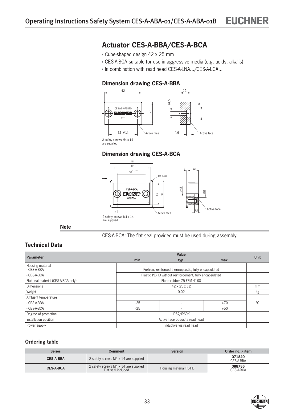 Actuator ces-a-bba/ces-a-bca, Technical data, Cube-shaped design 42 x 25 mm | Ordering table | EUCHNER CES-A-ABA-01B (Unicode) User Manual | Page 33 / 42