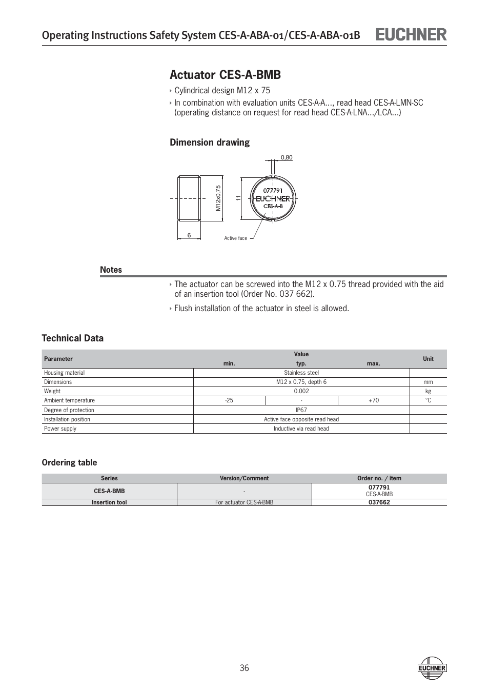 Actuator ces-a-bmb, Dimension drawing, Technical data | EUCHNER CES-A-ABA-01B (Unicode) User Manual | Page 36 / 42