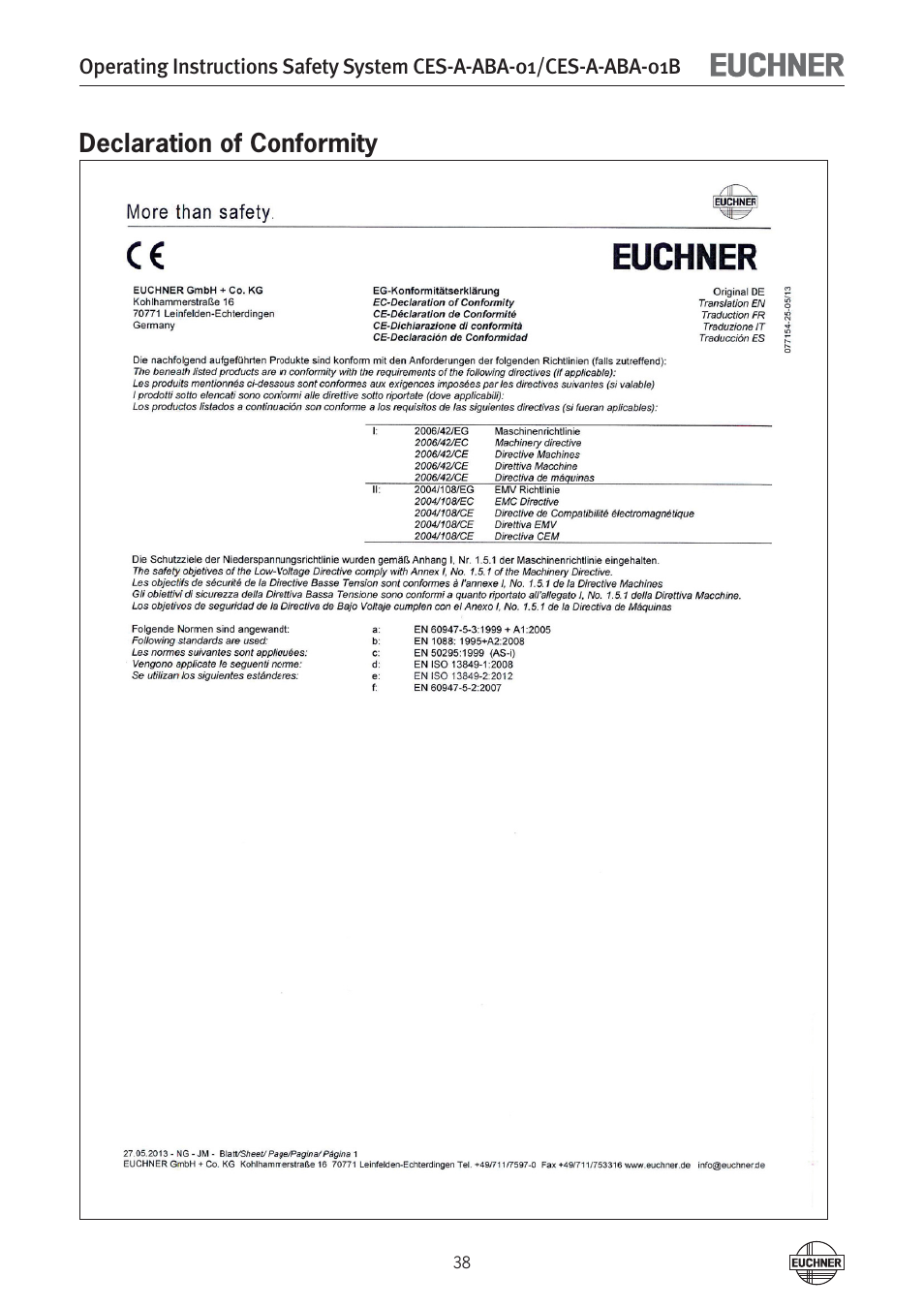 Declaration of conformity | EUCHNER CES-A-ABA-01B (Unicode) User Manual | Page 38 / 42