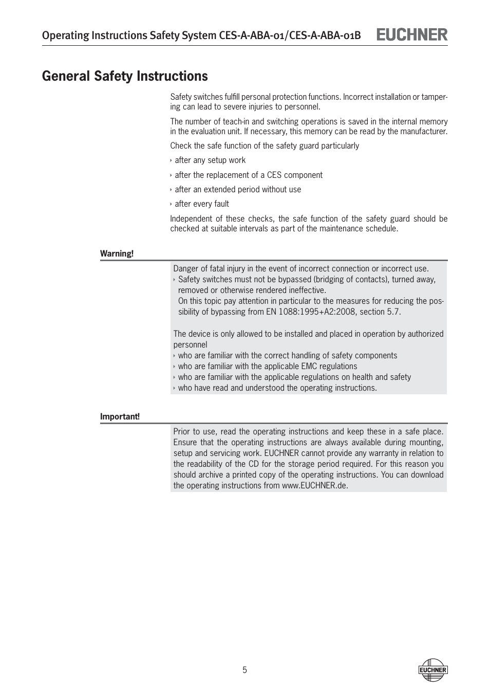 General safety instructions | EUCHNER CES-A-ABA-01B (Unicode) User Manual | Page 5 / 42