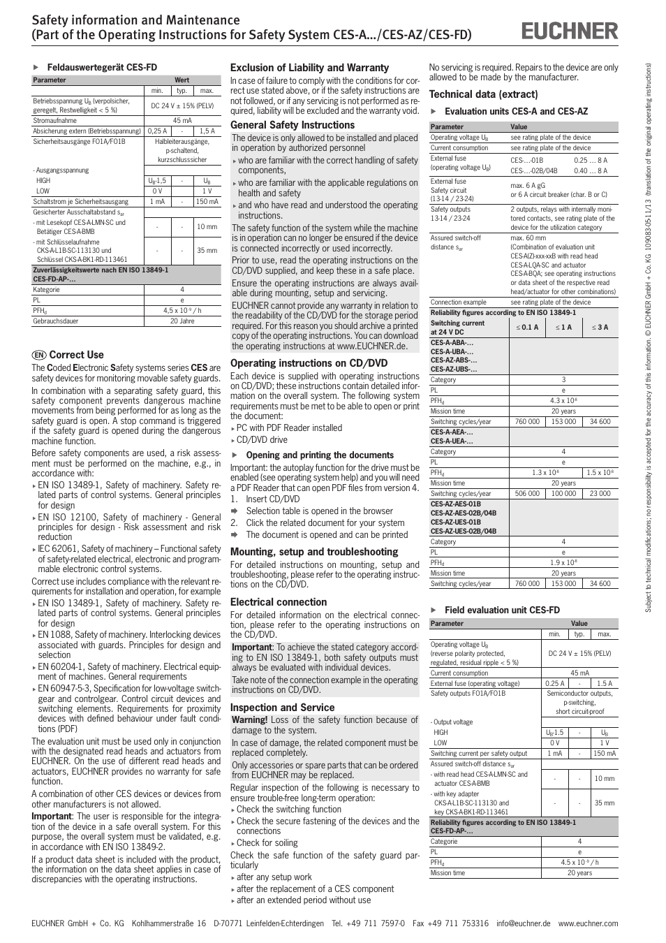 Correct use, Technical data (extract), Exclusion of liability and warranty | General safety instructions, Operating instructions on cd/dvd, Mounting, setup and troubleshooting, Electrical connection, Inspection and service | EUCHNER CES-FD User Manual | Page 2 / 5