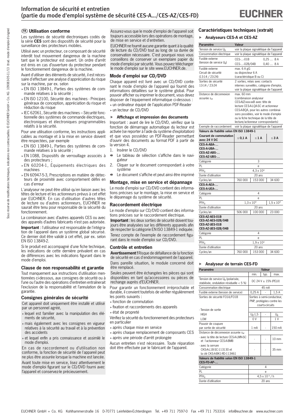 Utilisation conforme, Clause de non responsabilité et garantie, Consignes générales de sécurité | Mode d'emploi sur cd/dvd, Montage, mise en service et dépannage, Raccordement électrique, Contrôle et entretien, Caractéristiques techniques (extrait) | EUCHNER CES-FD User Manual | Page 3 / 5