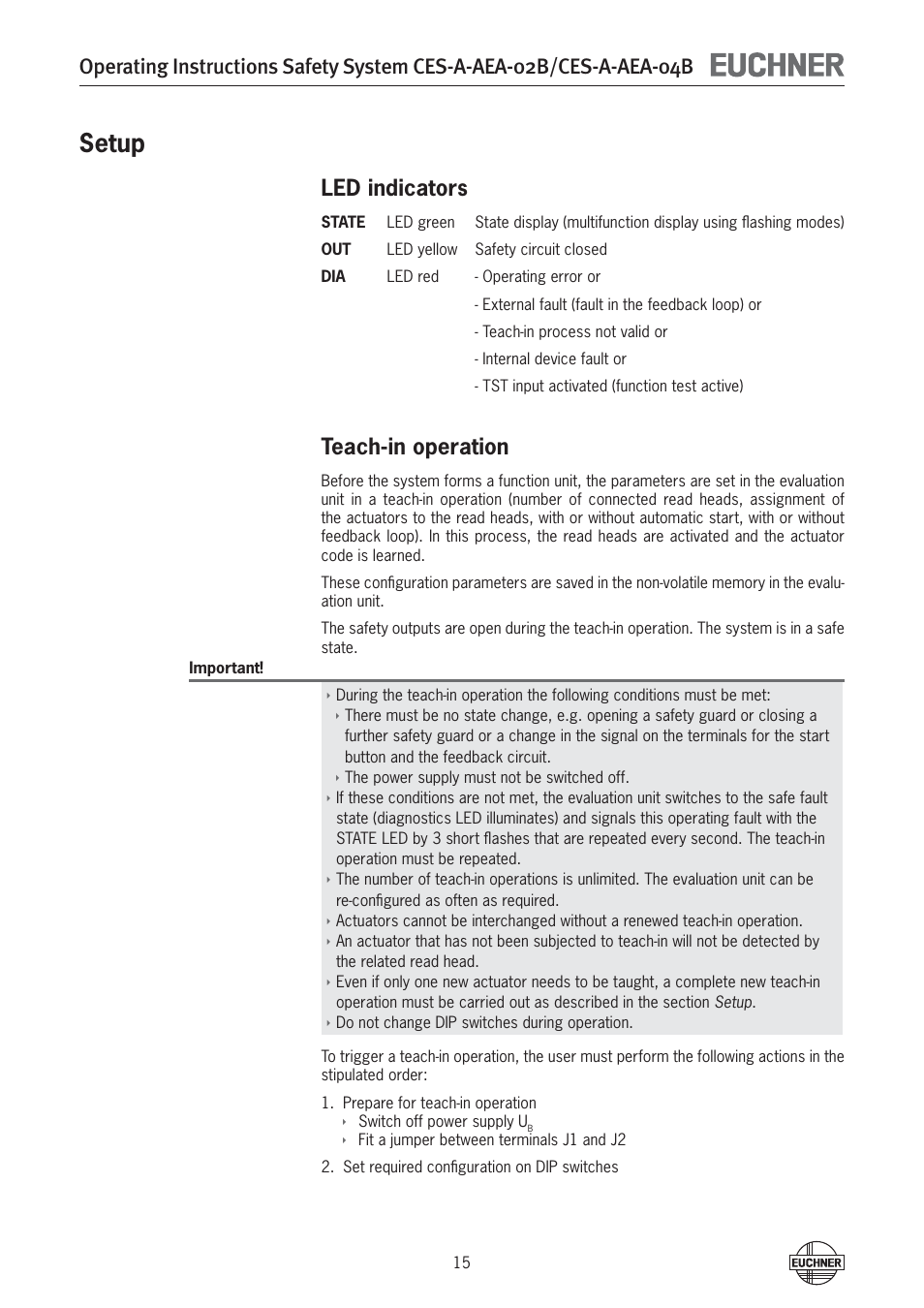 Setup, Led indicators, Teach-in operation | EUCHNER CES-A-AEA-04B (Unicode) User Manual | Page 15 / 44