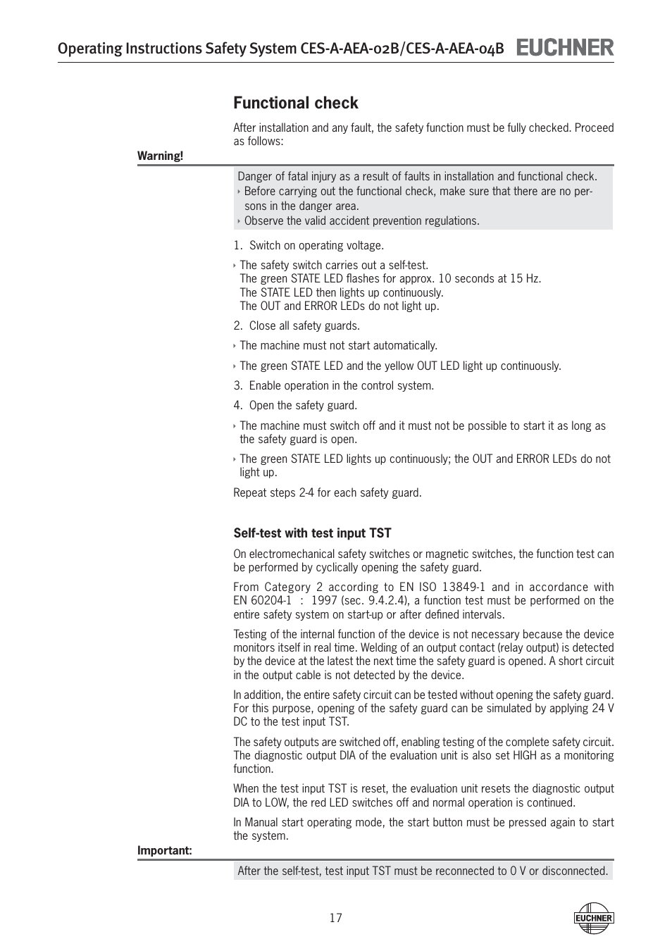 Functional check | EUCHNER CES-A-AEA-04B (Unicode) User Manual | Page 17 / 44