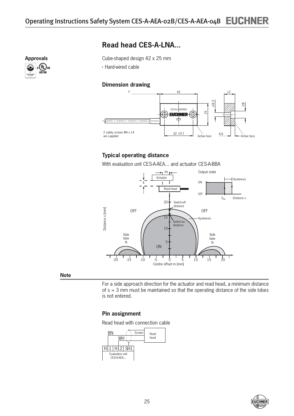 Read head ces-a-lna, Dimension drawing typical operating distance, Pin assignment | Cube-shaped design 42 x 25 mm, Hard-wired cable, Read head with connection cable approvals | EUCHNER CES-A-AEA-04B (Unicode) User Manual | Page 25 / 44