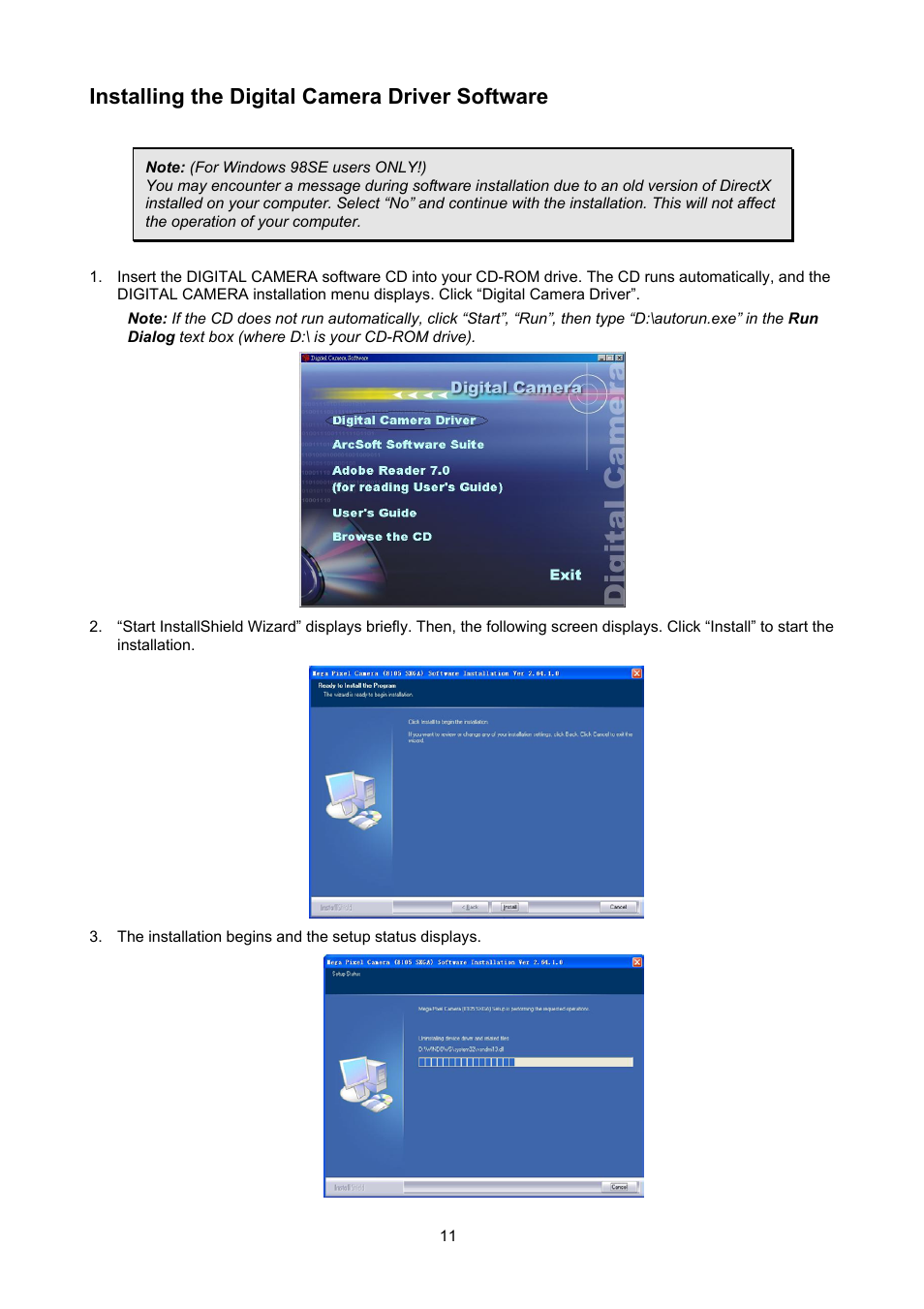 Installing the digital camera driver software | ArcSoft Go Vision 3-in-1 Mini Camera User Manual | Page 11 / 22