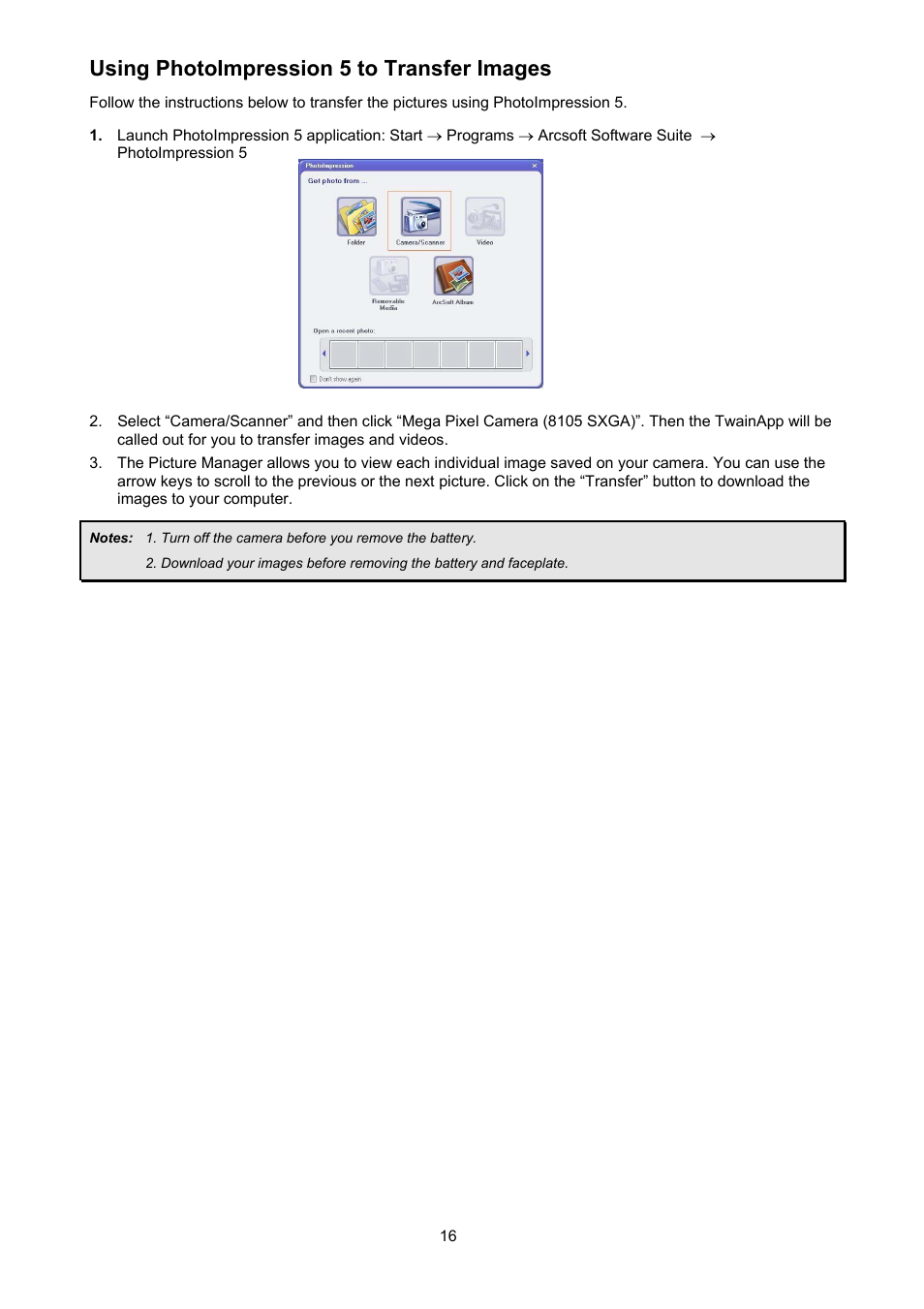 Using photoimpression 5 to transfer images | ArcSoft Go Vision 3-in-1 Mini Camera User Manual | Page 16 / 22