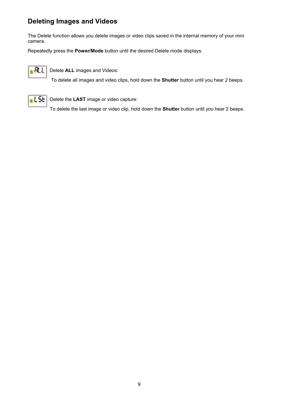 Deleting images and videos | ArcSoft Go Vision 3-in-1 Mini Camera User Manual | Page 9 / 22
