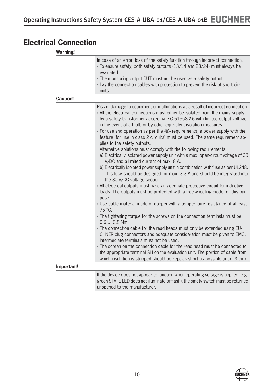 Electrical connection | EUCHNER CES-A-UBA-01B (Multicode) User Manual | Page 10 / 40